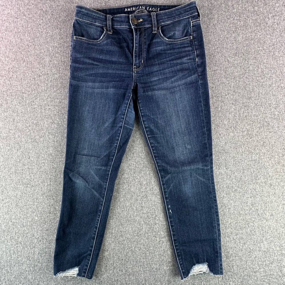 American Eagle Jeggings Women 8 Hi-Rise Jegging Crop Blue Raw Hem Frayed